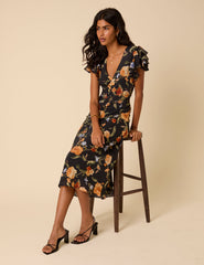 Black Floral Frill Sleeve Layla Midi Dress