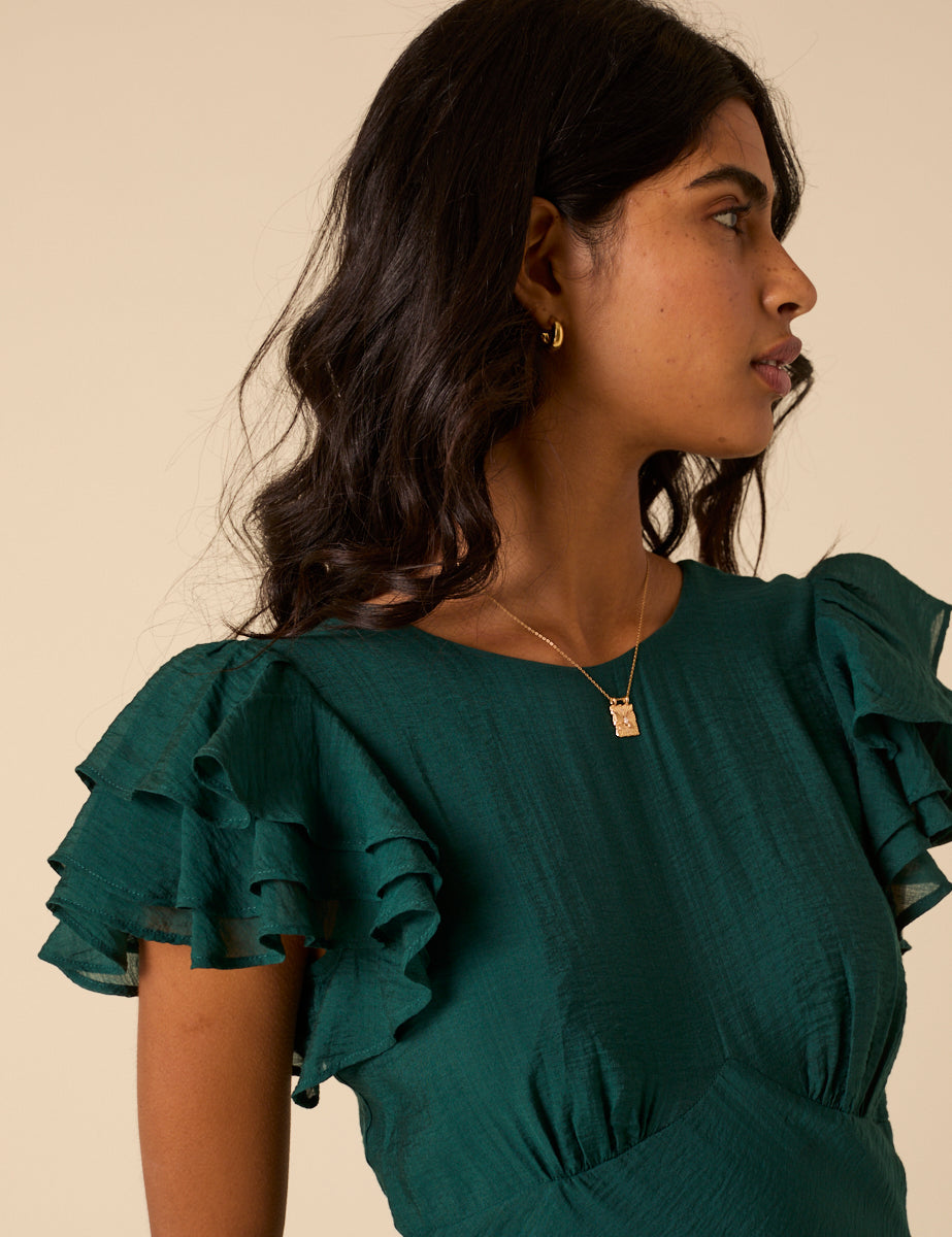 Green Frill Sleeve Lola Midi Dress