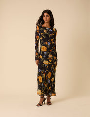 Black Floral Long Sleeve Clarissa Midi Dress