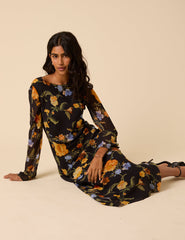 Black Floral Long Sleeve Clarissa Midi Dress