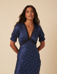 Navy Polka Dot Jacquard Angela Midi Dress