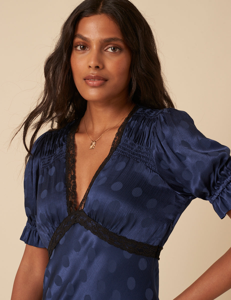 Navy Polka Dot Jacquard Angela Midi Dress