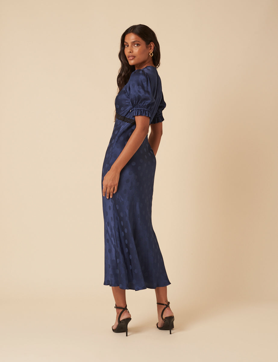Navy Polka Dot Jacquard Angela Midi Dress