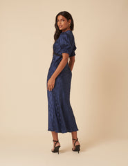 Navy Polka Dot Jacquard Angela Midi Dress