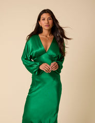 Green Satin Allura Midi Dress