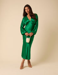 Green Satin Allura Midi Dress
