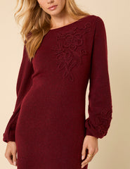 Burgundy Floral Embroidered Knitted Long Sleeve Midi Dress
