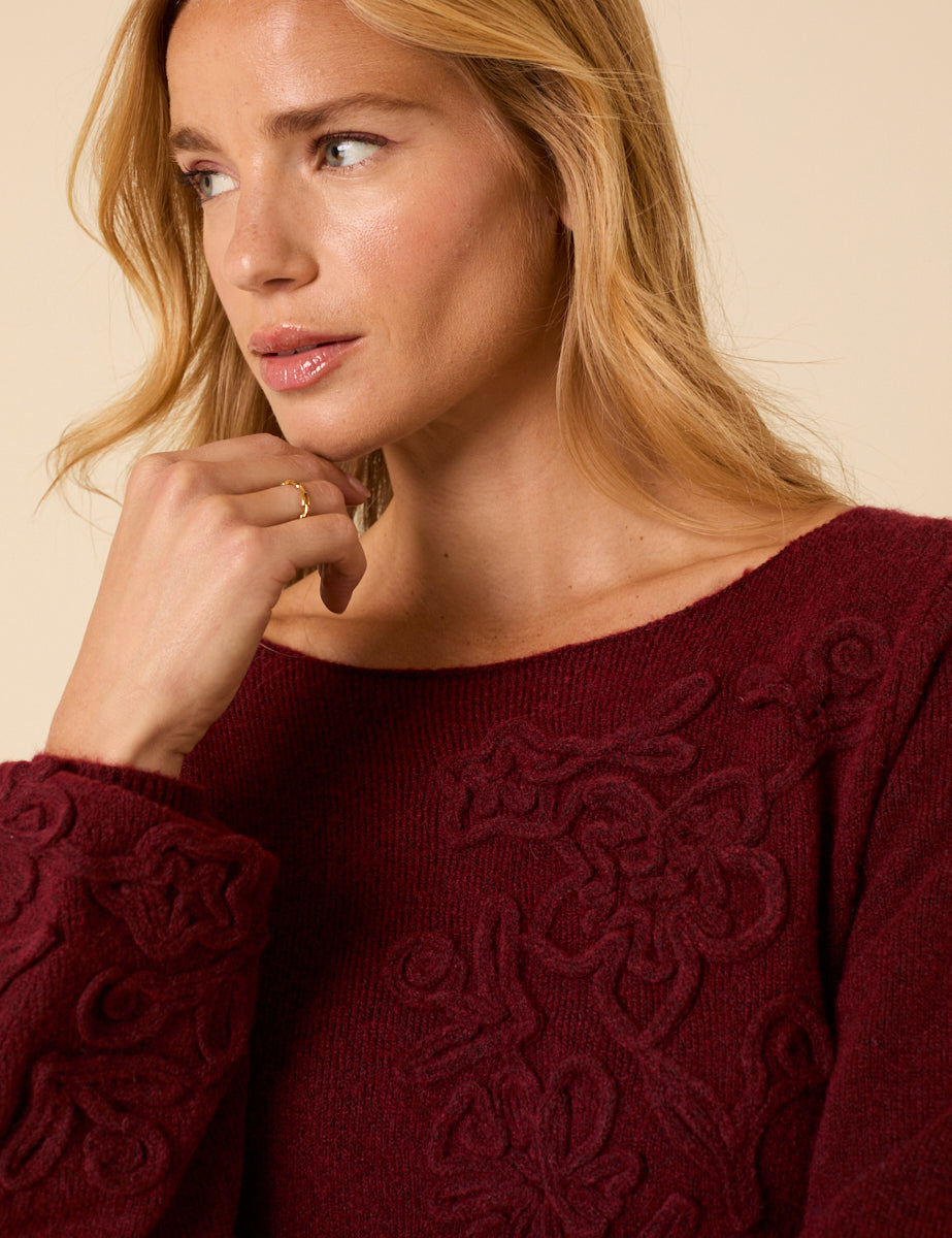 Burgundy Floral Embroidered Knitted Long Sleeve Midi Dress