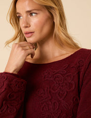 Burgundy Floral Embroidered Knitted Long Sleeve Midi Dress