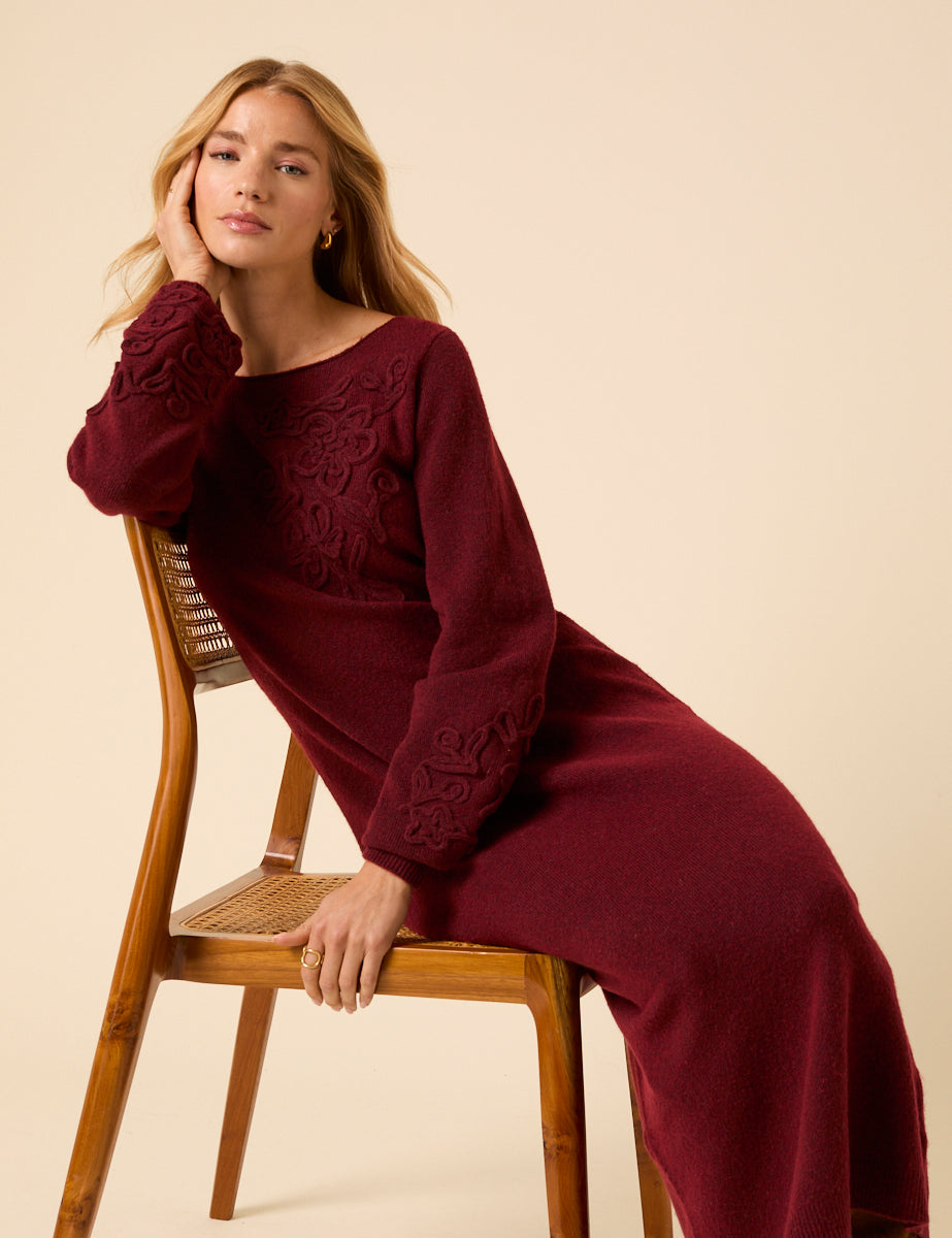 Burgundy Floral Embroidered Knitted Long Sleeve Midi Dress