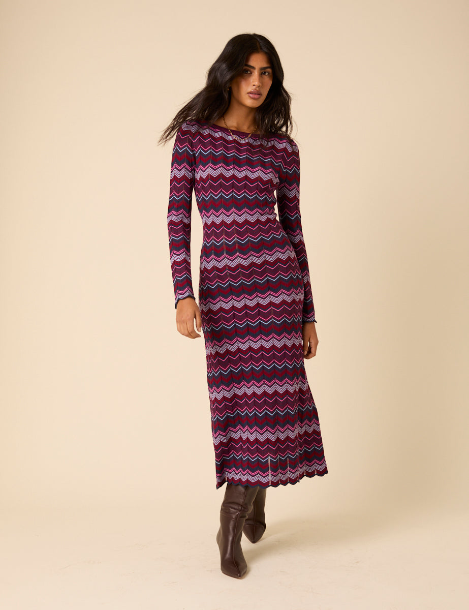 Purple Chevron Striped Long Sleeve Midi Dress