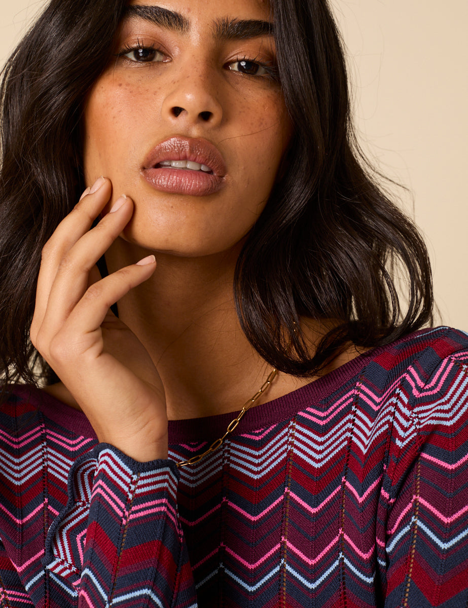 Purple Chevron Striped Long Sleeve Midi Dress