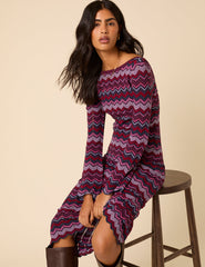 Purple Chevron Striped Long Sleeve Midi Dress