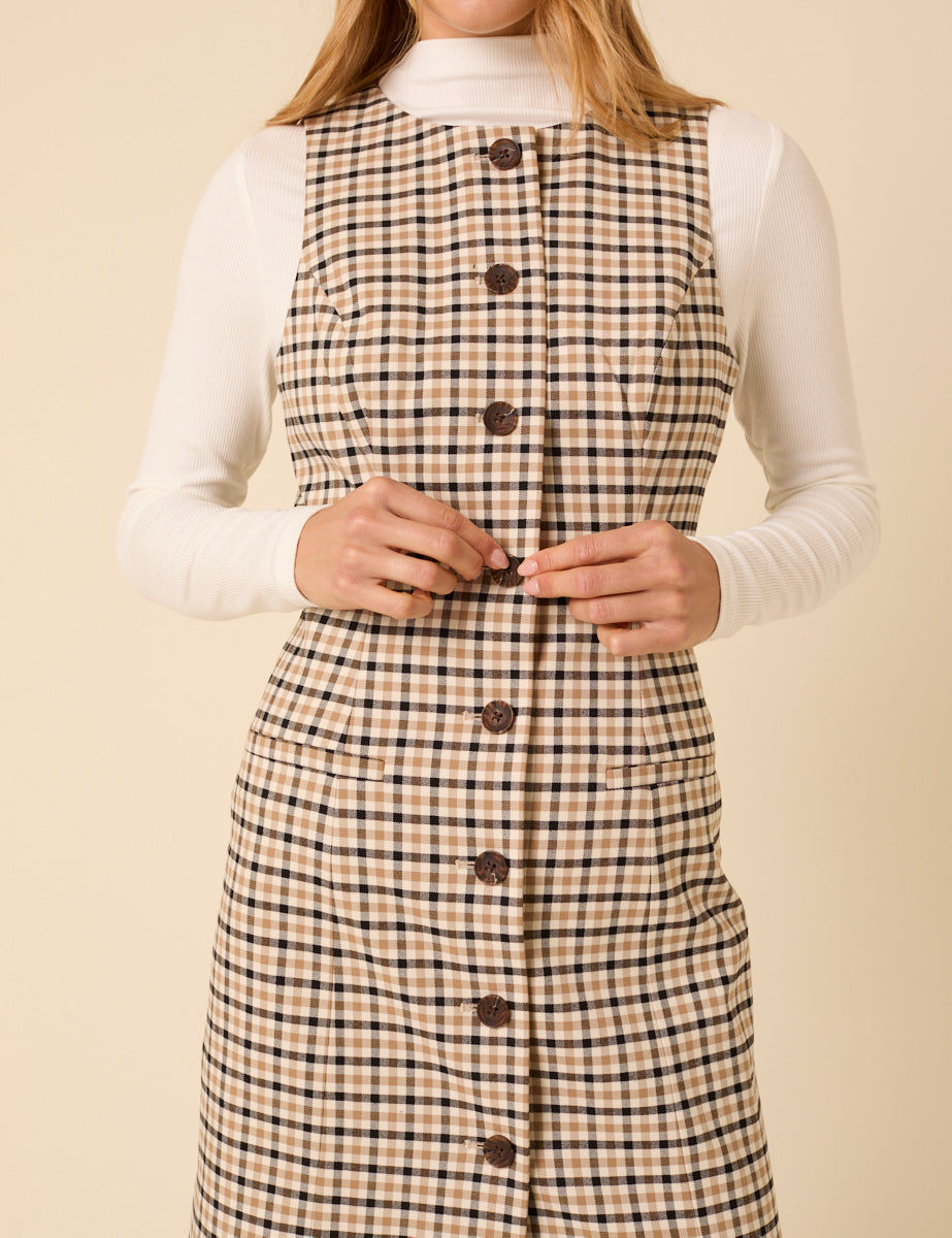 Beige Gingham Check Ellie Mini Pinafore Dress
