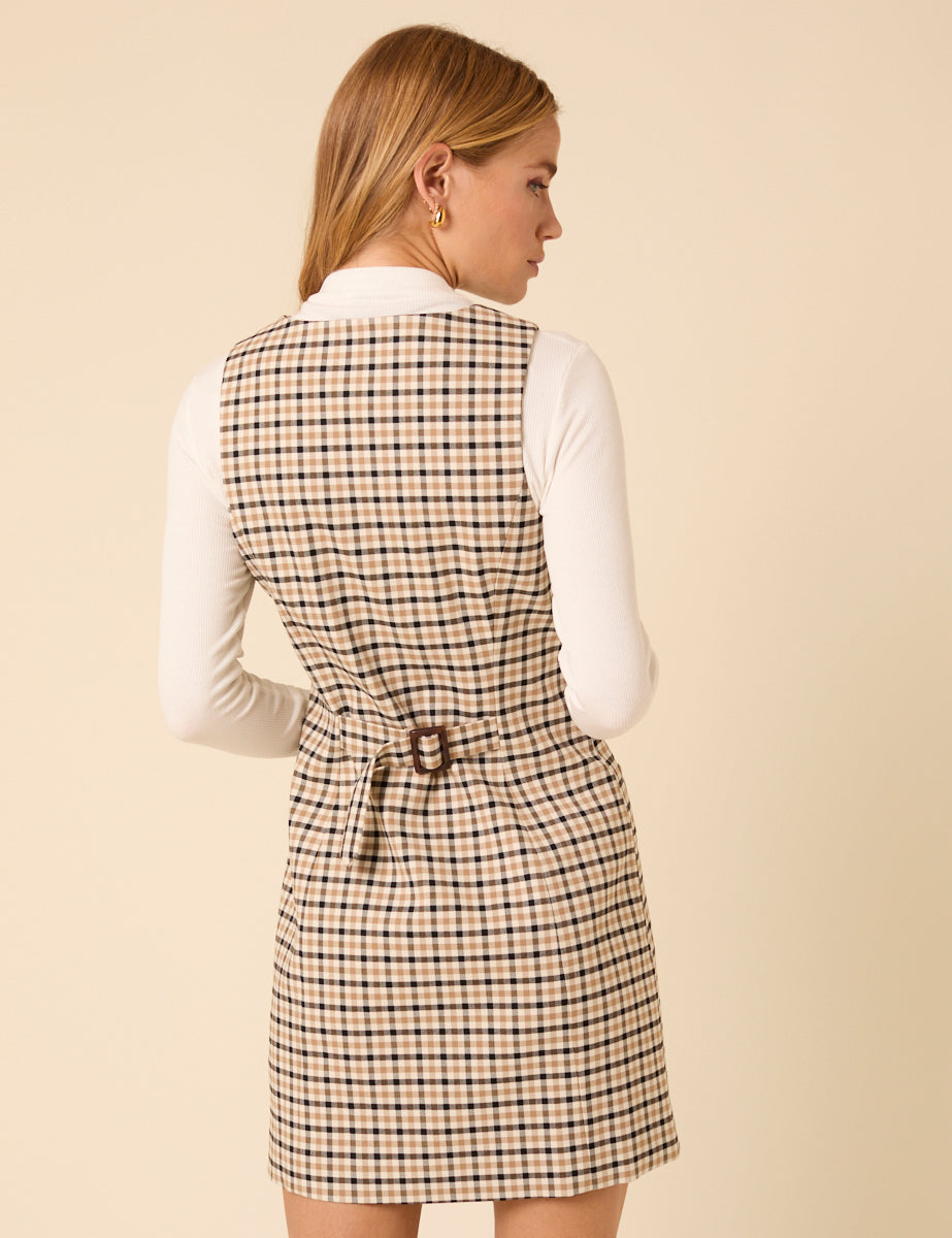 Beige Gingham Check Ellie Mini Pinafore Dress