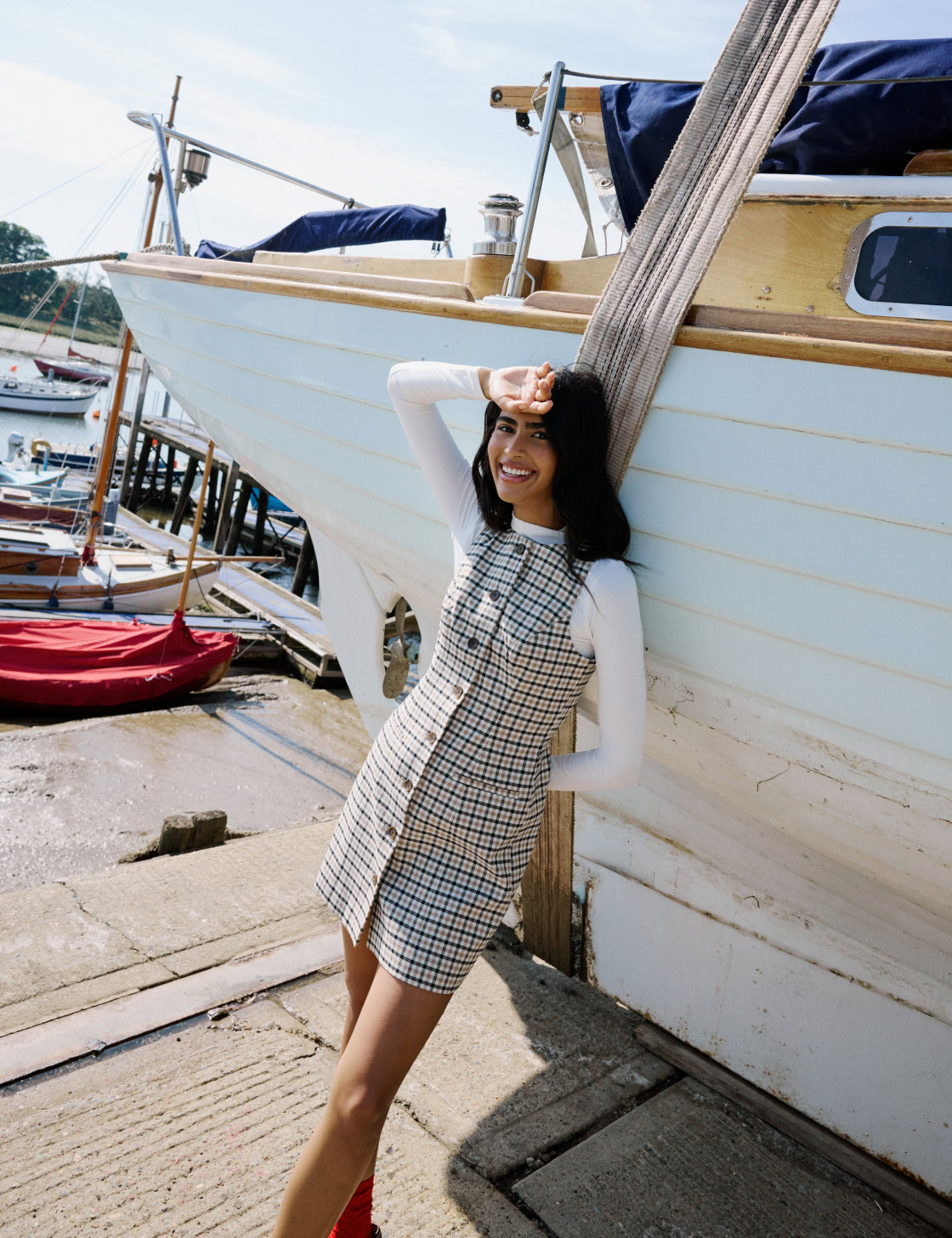Beige Gingham Check Ellie Mini Pinafore Dress