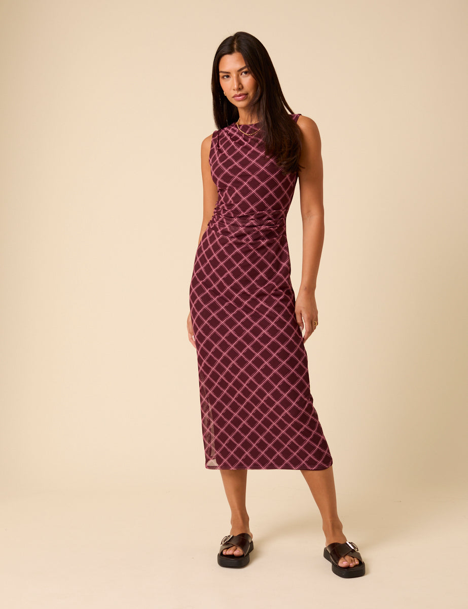 Burgundy Printed Ruched Mesh Midi Dress