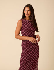 Burgundy Printed Ruched Mesh Midi Dress
