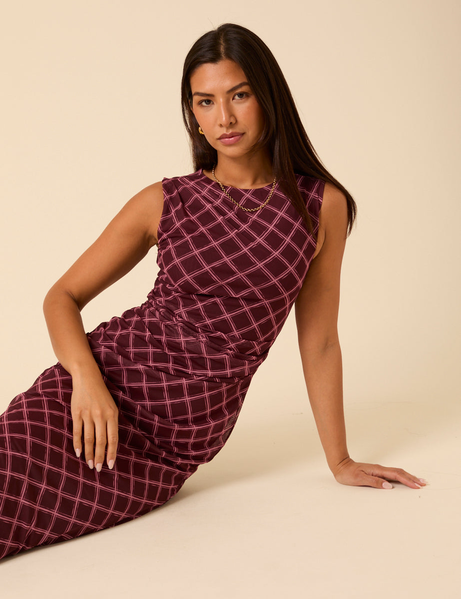 Burgundy Printed Ruched Mesh Midi Dress