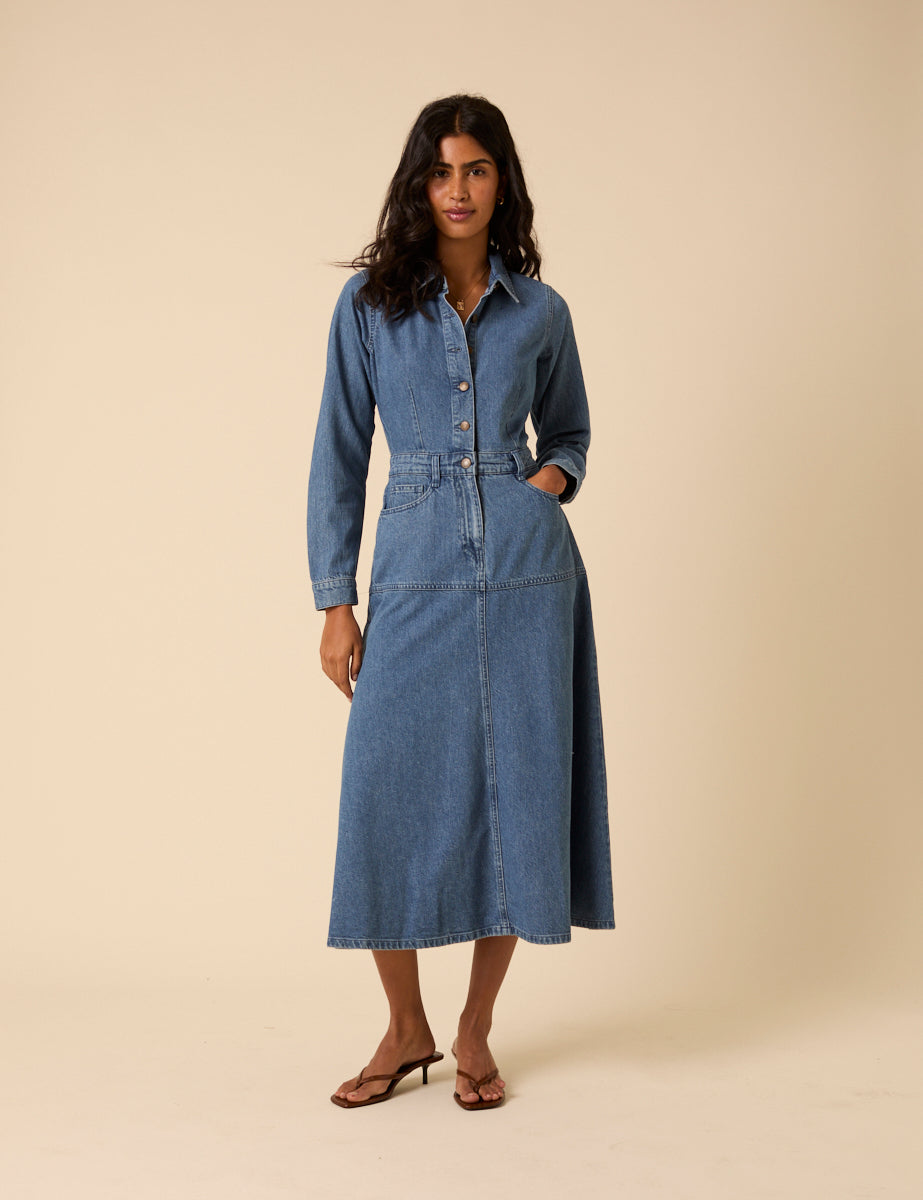 Blue Denim Midi Shirt Dress