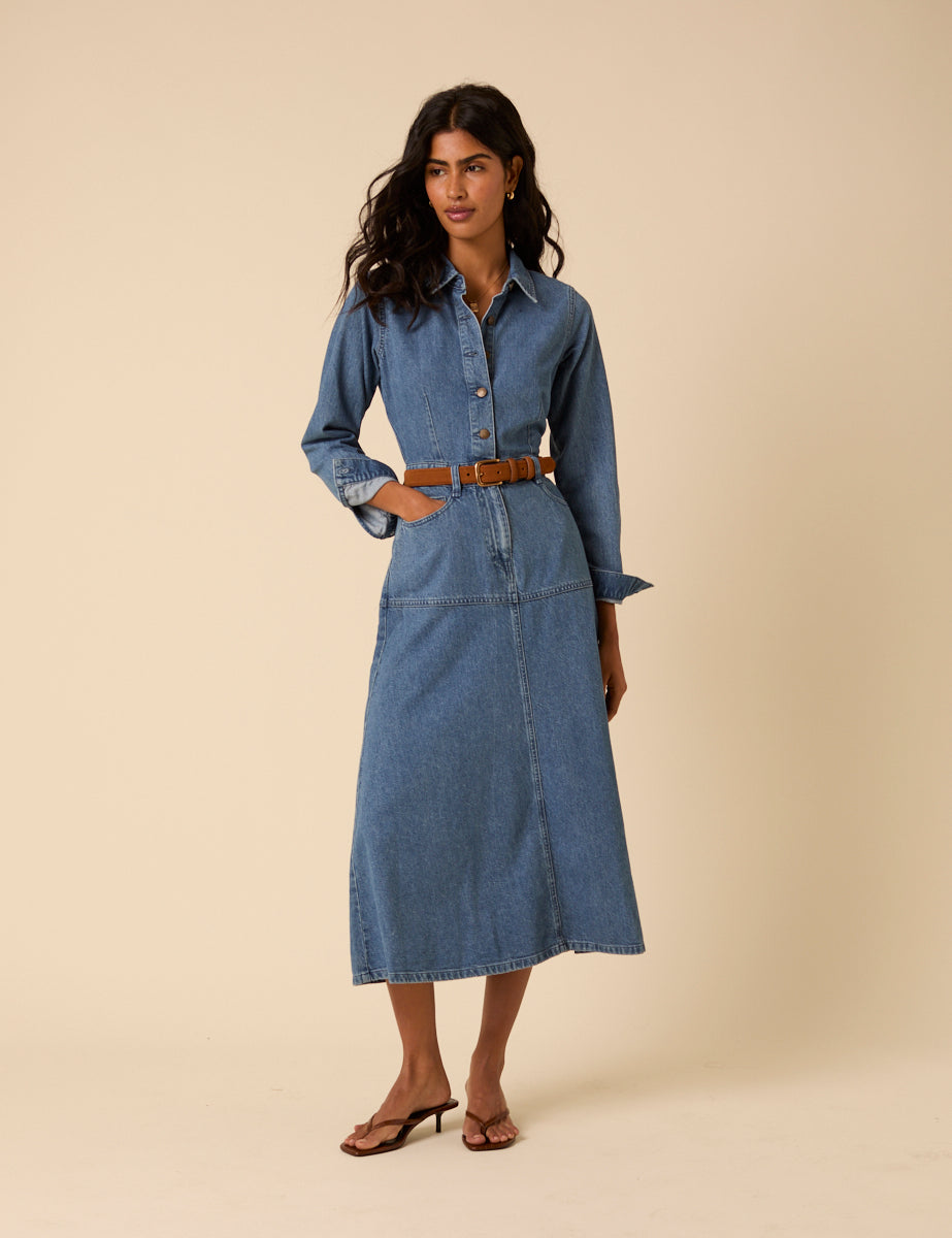 Blue Denim Midi Shirt Dress