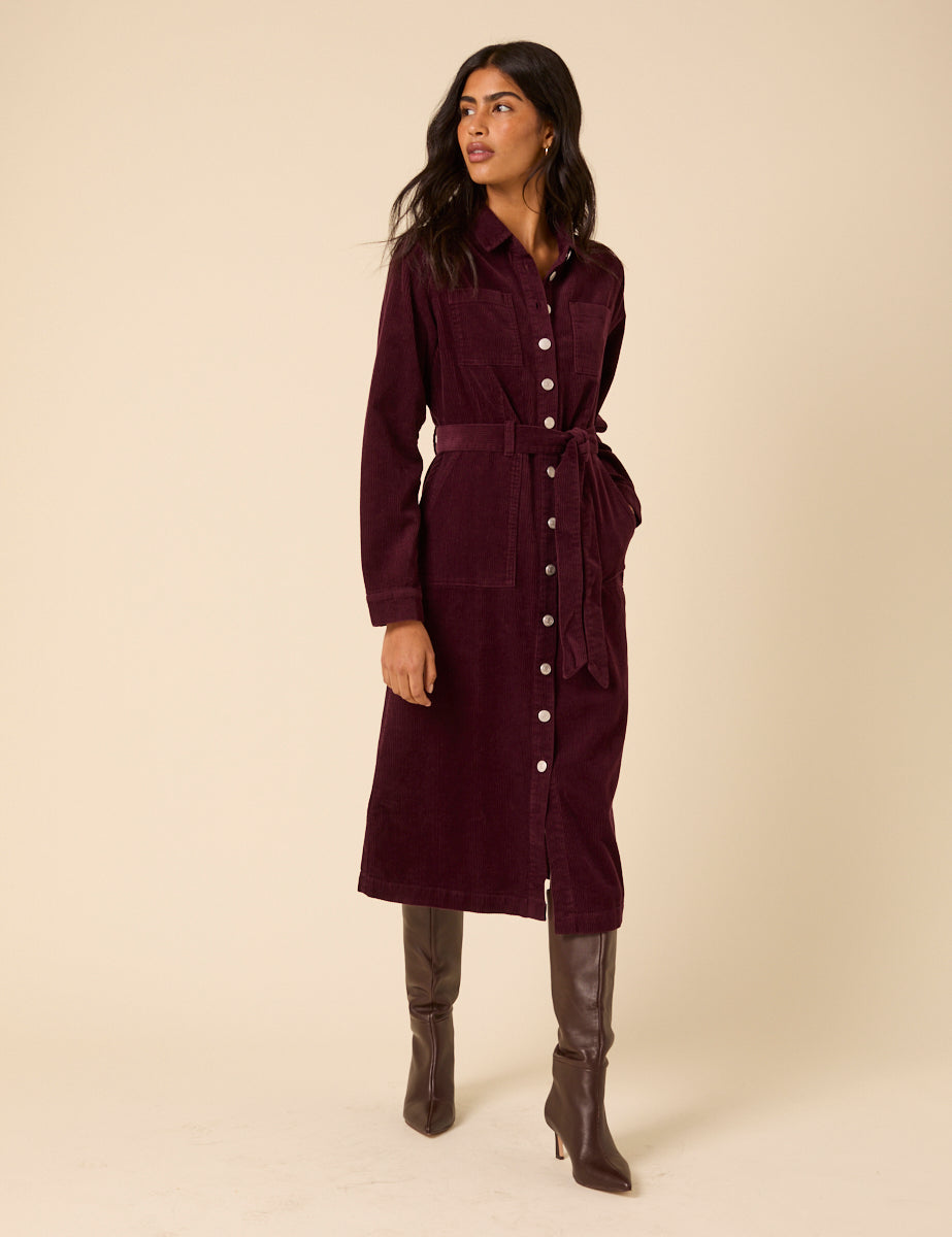 Burgundy Cord Finchley Midi Shirt Dress
