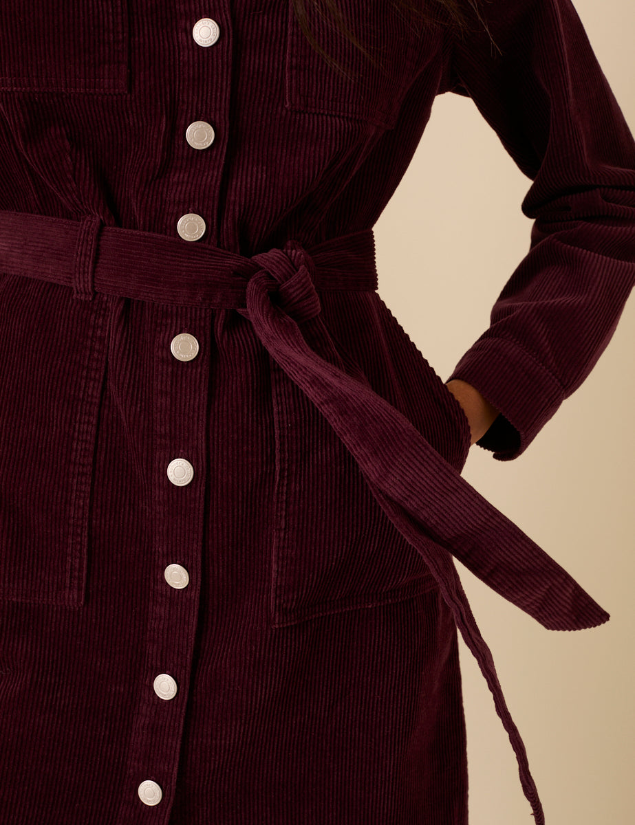 Burgundy Cord Finchley Midi Shirt Dress