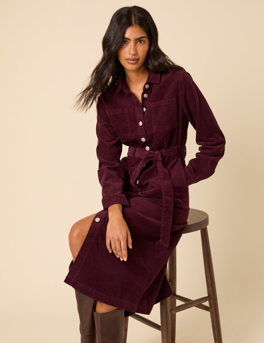 Burgundy Cord Finchley Midi Shirt Dress
