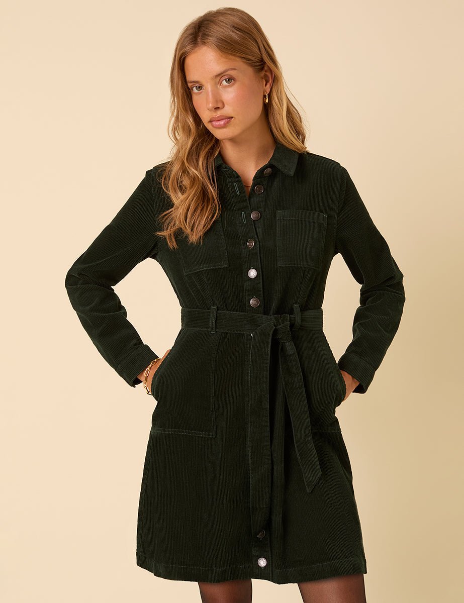 Forest Green Cord Long Sleeve Finchley Mini Dress
