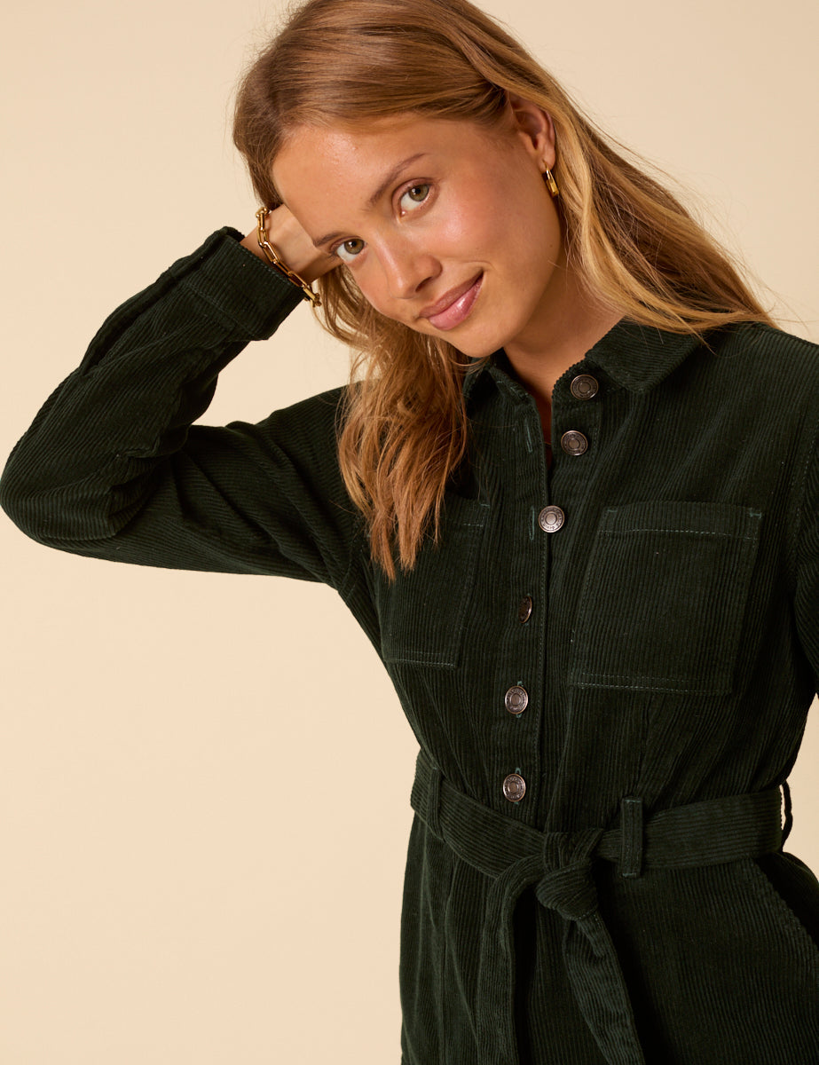 Forest Green Cord Long Sleeve Finchley Mini Dress