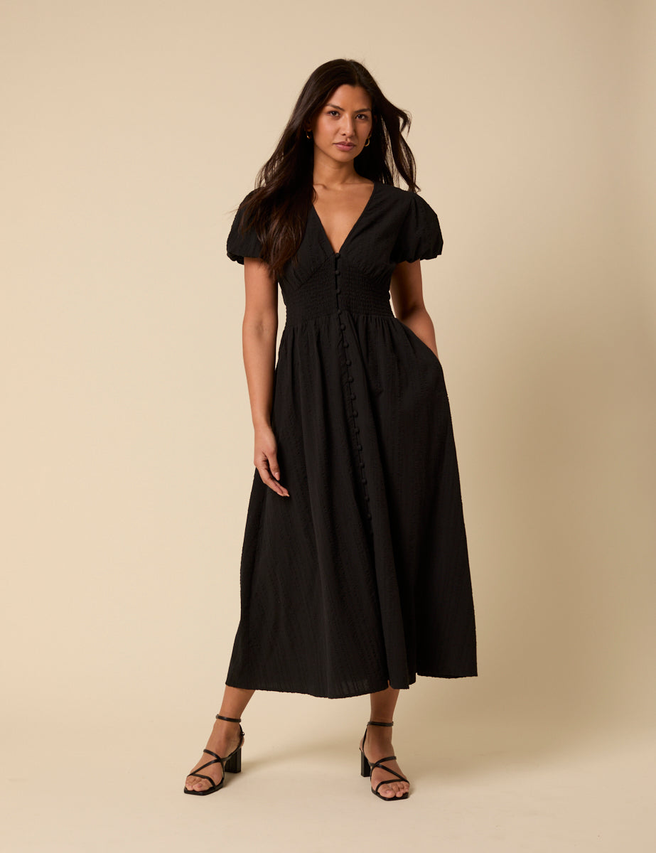 Black Puff Sleeve Abigail Midi Dress