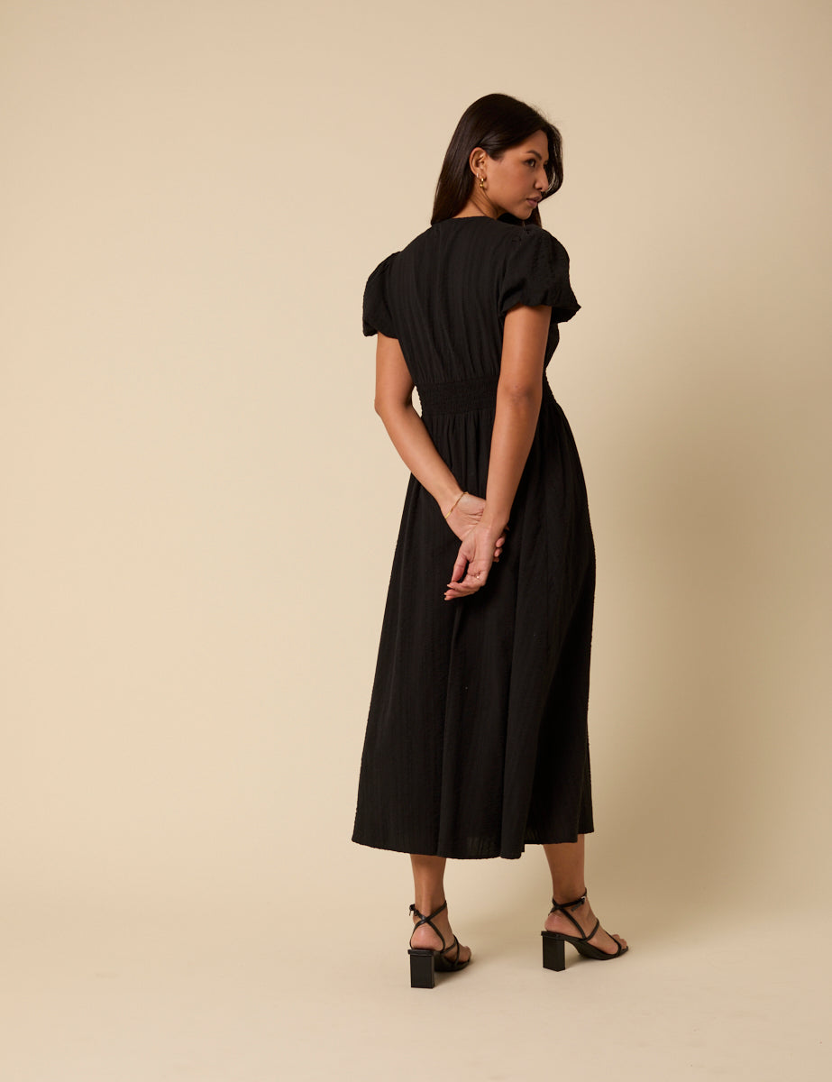 Black Puff Sleeve Abigail Midi Dress
