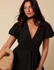 Black Puff Sleeve Abigail Midi Dress