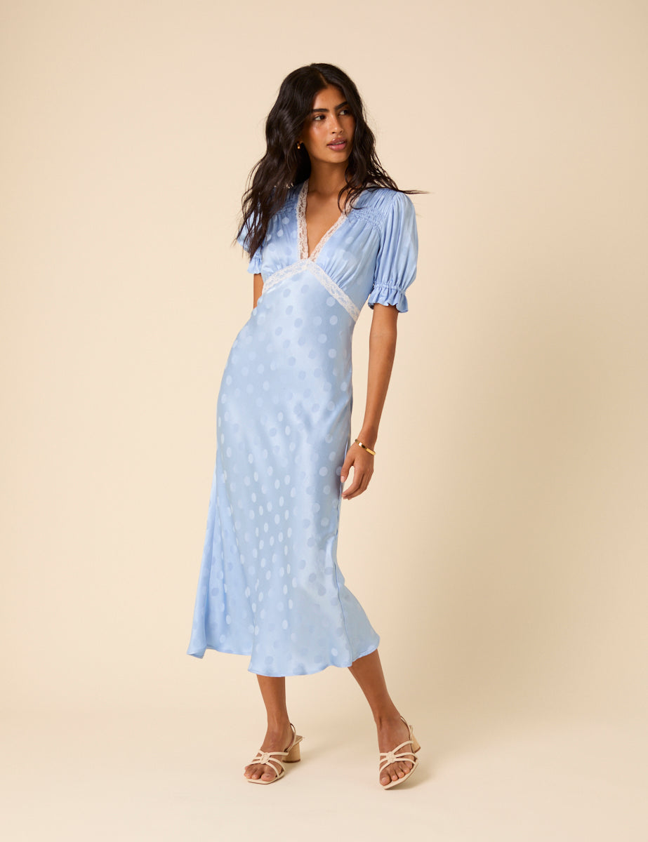 Blue Polka Dot Jacquard Angela Midi Dress