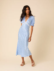 Blue Polka Dot Jacquard Angela Midi Dress