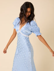 Blue Polka Dot Jacquard Angela Midi Dress