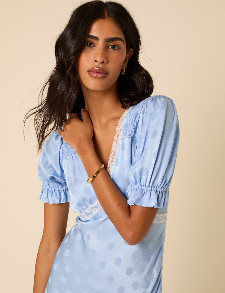 Blue Polka Dot Jacquard Angela Midi Dress
