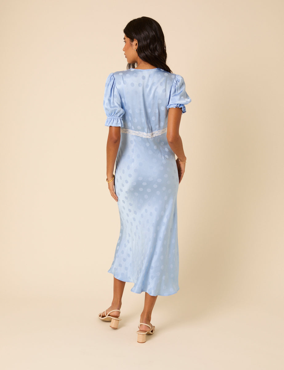 Blue Polka Dot Jacquard Angela Midi Dress