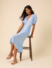 Blue Polka Dot Jacquard Angela Midi Dress