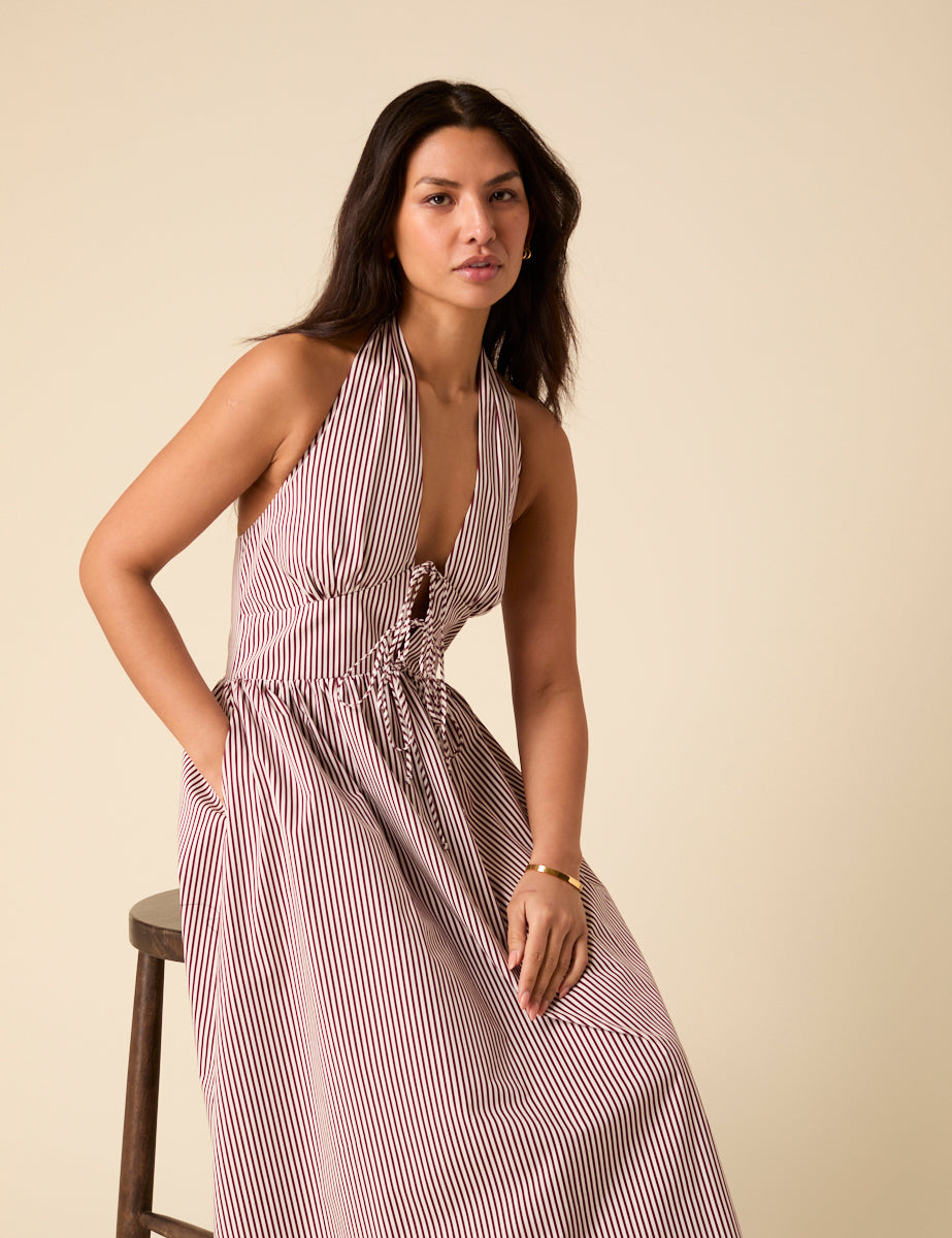 Burgundy Pinstripe Lilijana Halter Neck Midi Dress