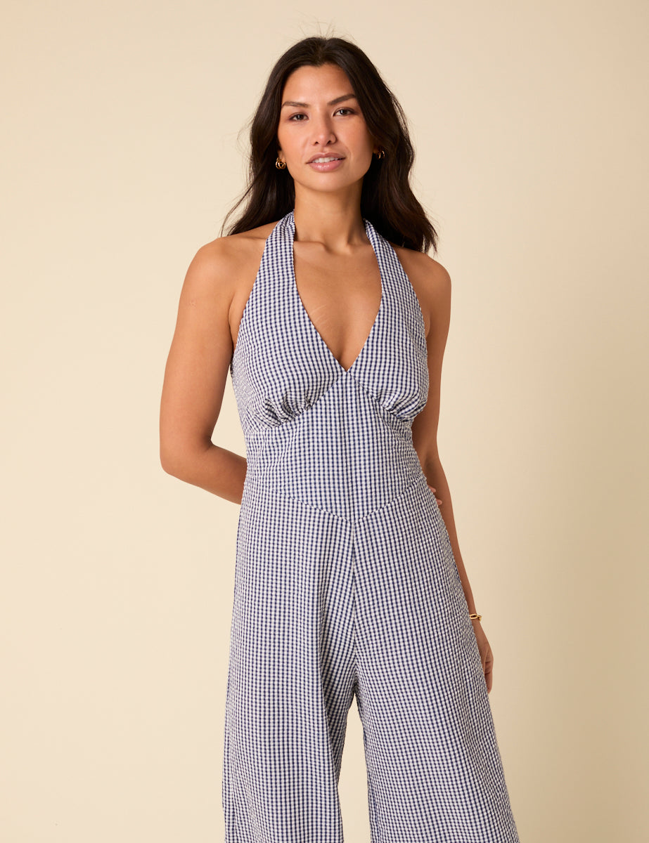 Blue Gingham Halterneck Jumpsuit