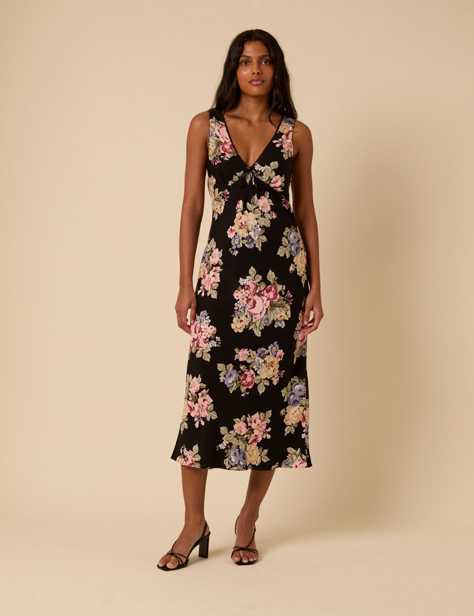 Black Floral Abbey Midi Dress