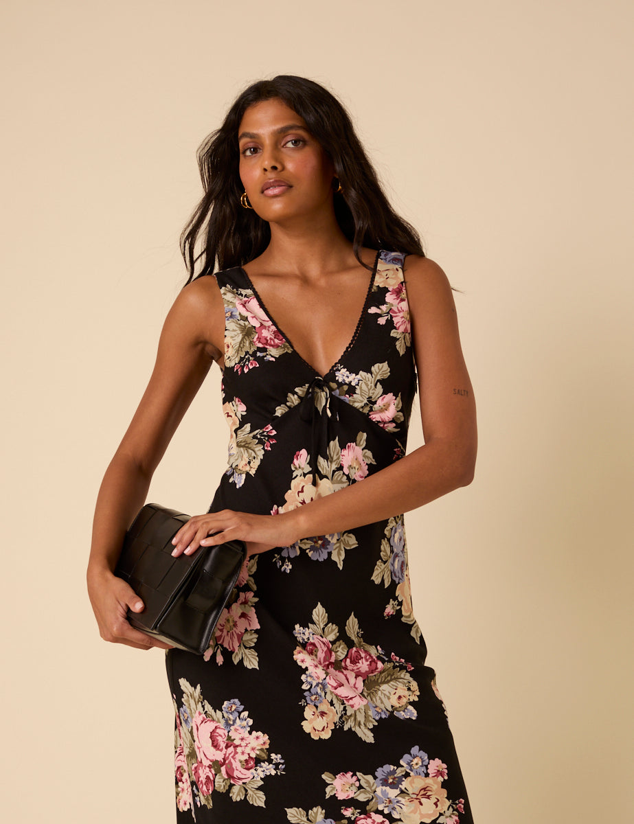 Black Floral Abbey Midi Dress