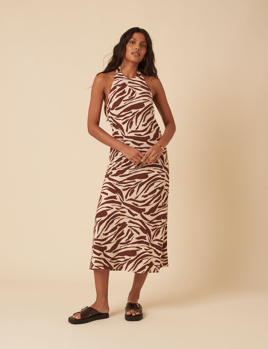 Zebra Print Halter Neck Anna Midi Dress