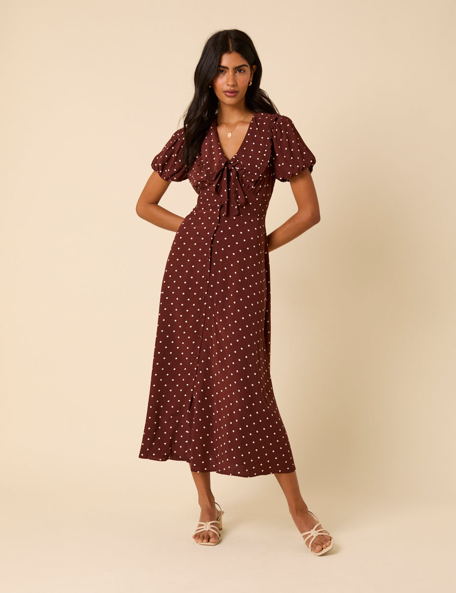 Brown Polka Dot Puff Sleeve Ottillie Midi Dress