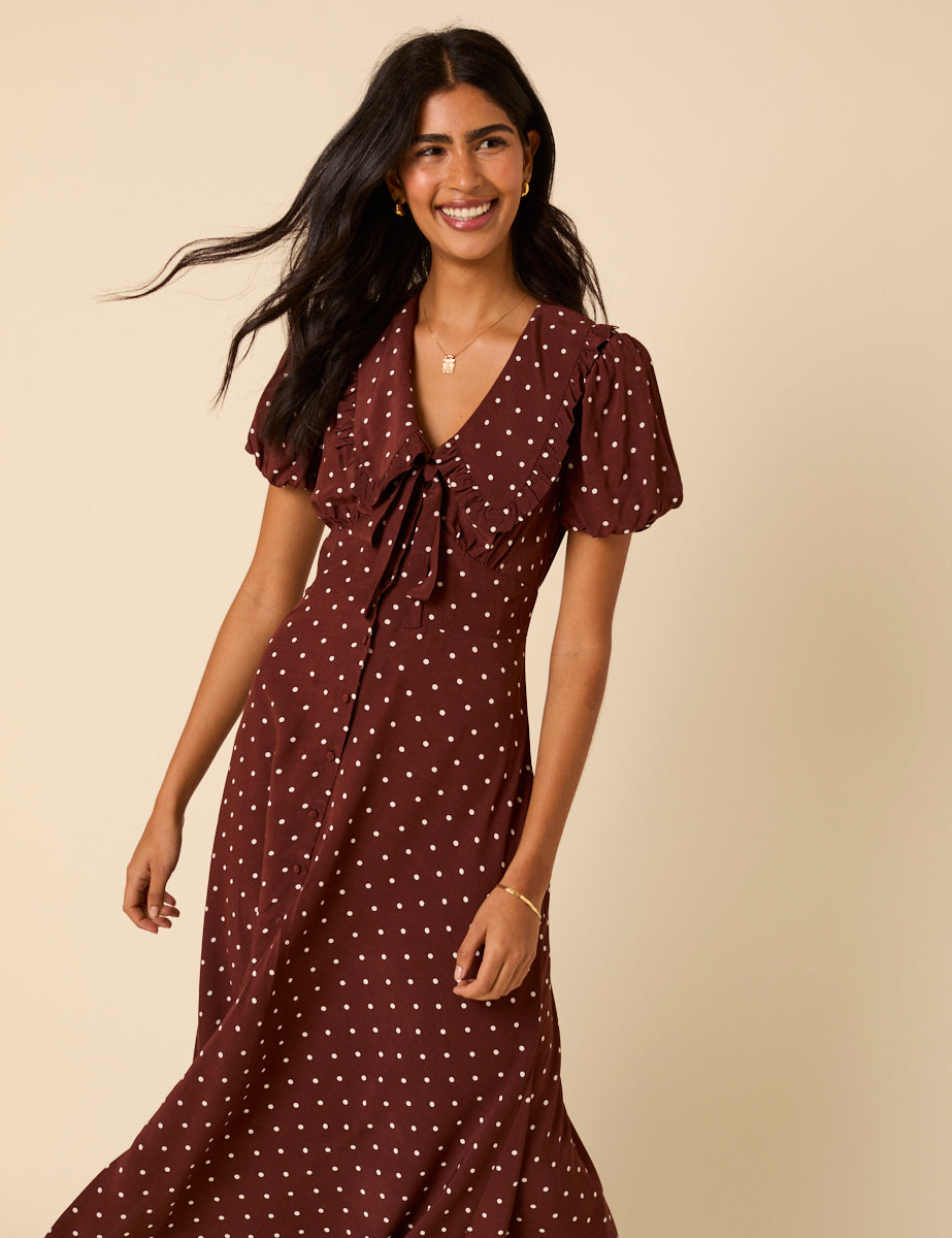 Brown Polka Dot Puff Sleeve Ottillie Midi Dress