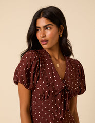 Brown Polka Dot Puff Sleeve Ottillie Midi Dress