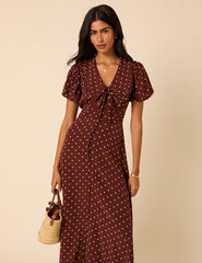 Brown Polka Dot Puff Sleeve Ottillie Midi Dress