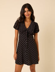 Black Polka Dot Puff Sleeve Mini Dress