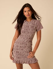 Brown Gingham Shirred Martha Mini Dress